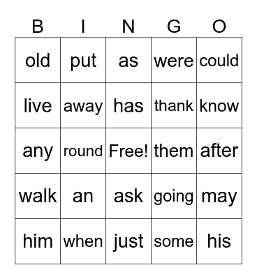 First Grade High Frequency Bingo Card