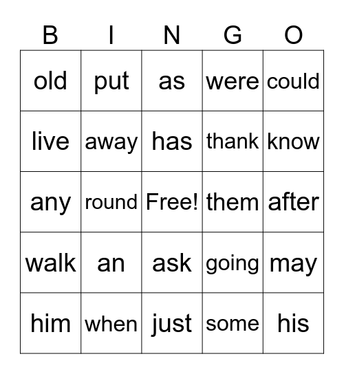 First Grade High Frequency Bingo Card