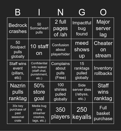 Demon's Den Bingo Card