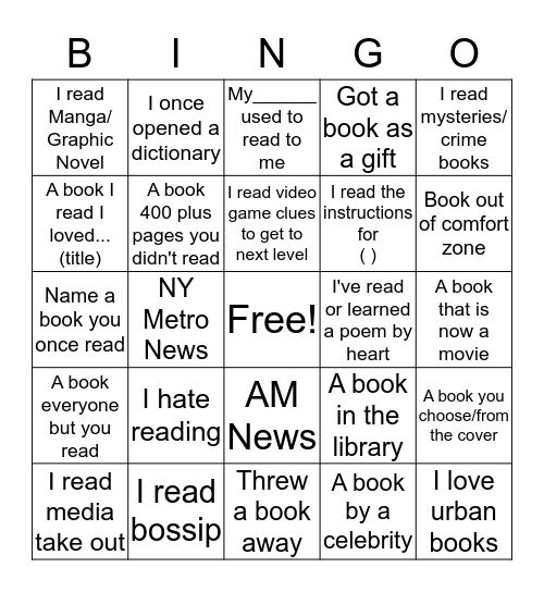 I READ/I DON'T READ BINGO Card