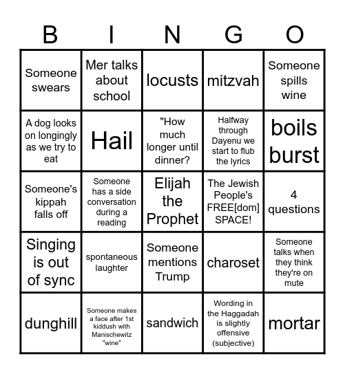 Passover Seder BINGO! Bingo Card