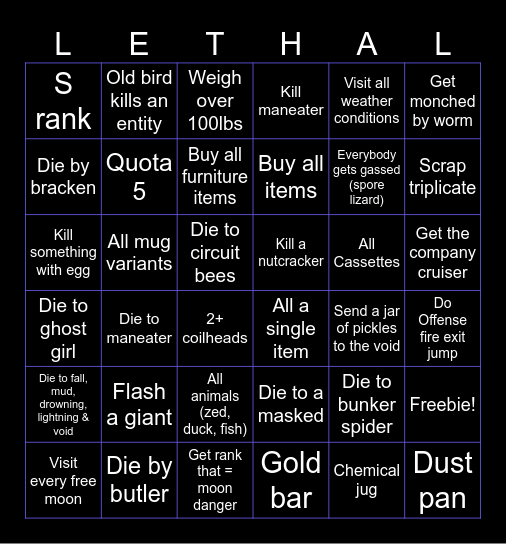 Lethal company Multiplayer bingo Card