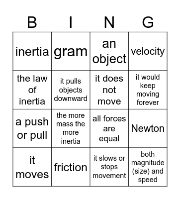 Newton's First Law Bingo Card