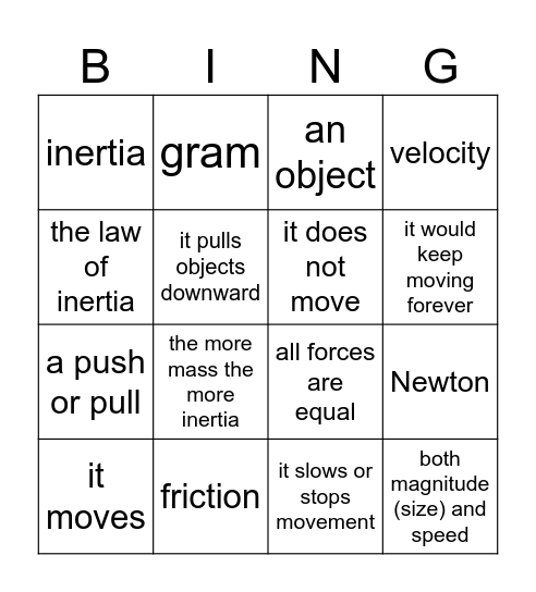 Newton's First Law Bingo Card