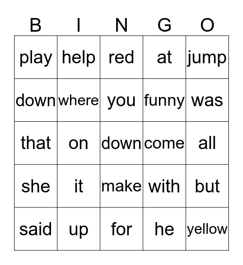 High Frequency Word Bingo Card