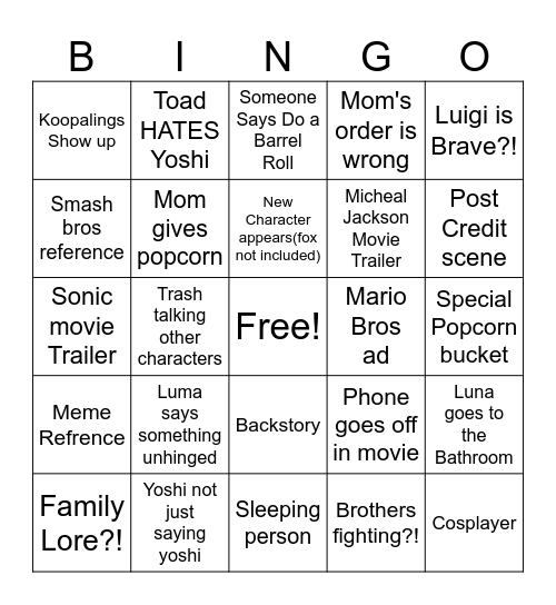 Mario Galaxy Bingo Card