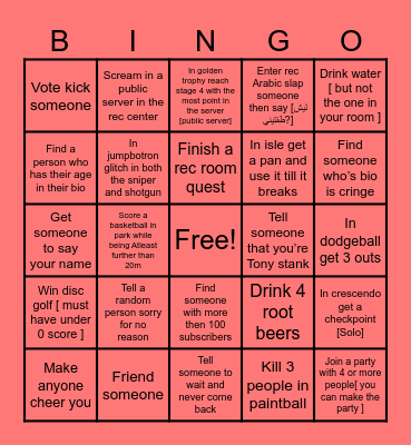 Rec room bingo Card