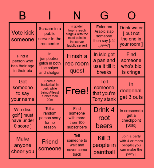 Rec room bingo Card