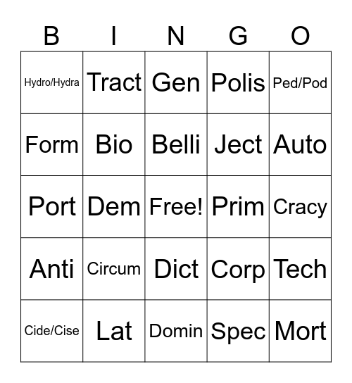 Root Word BINGO! Bingo Card