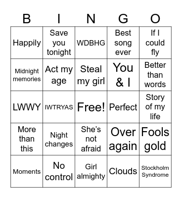 One Direction songs Bingo Card