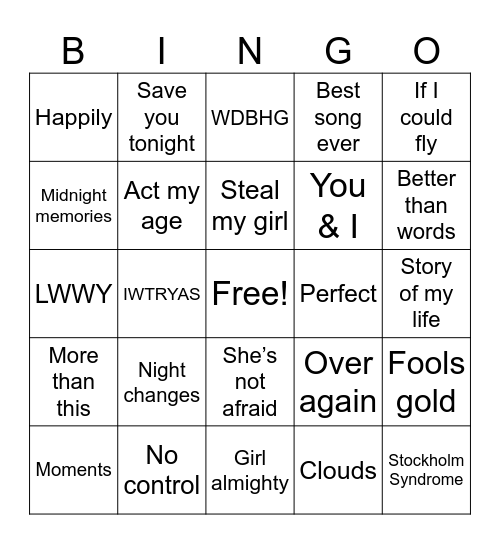 One Direction songs Bingo Card
