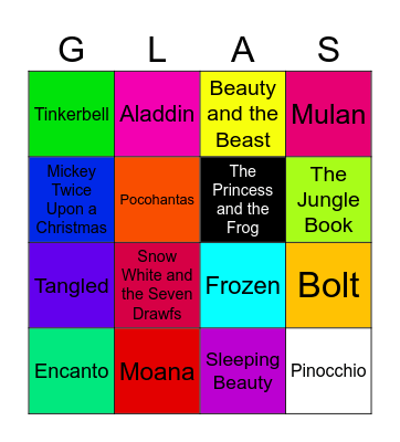 Glasgow Princess Names Concert Disney Bingo Card
