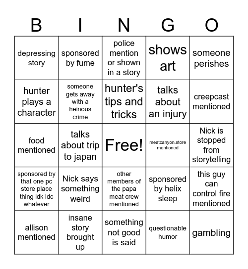 Papa meat bingo Card