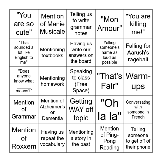 Madame Rimmasch Bingo 4/6-4/10 Bingo Card