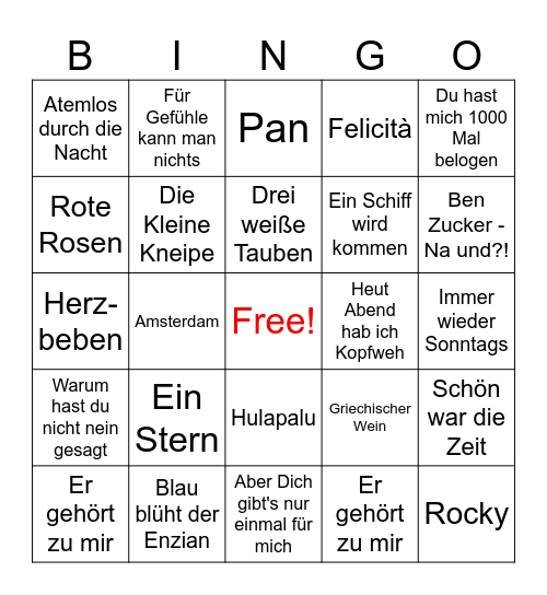 Schlager Bingo - Ein Stern - Bingo Card