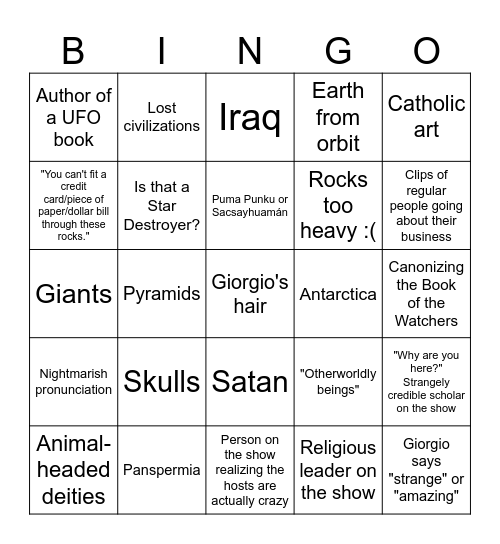 Ancient Aliens Bingo Card