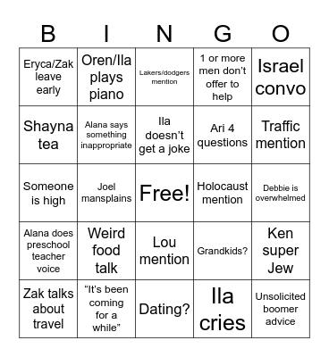 Pine Passover Bingo Card