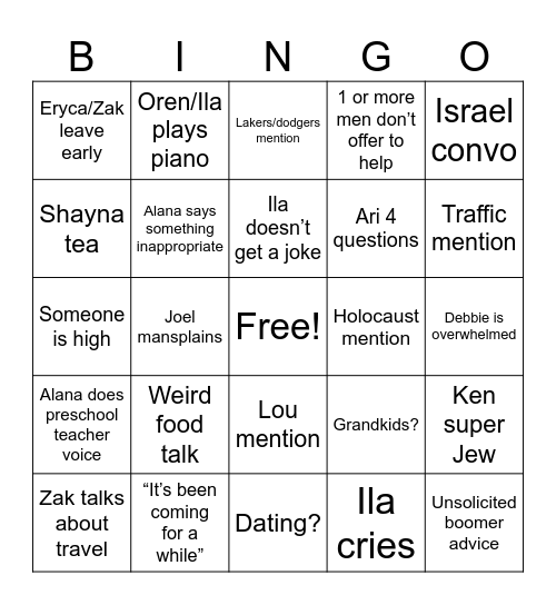 Pine Passover Bingo Card