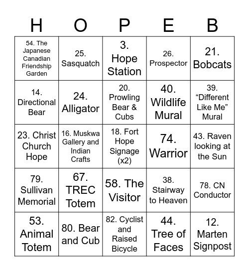 Hope Sculptures & Art Bingo Card