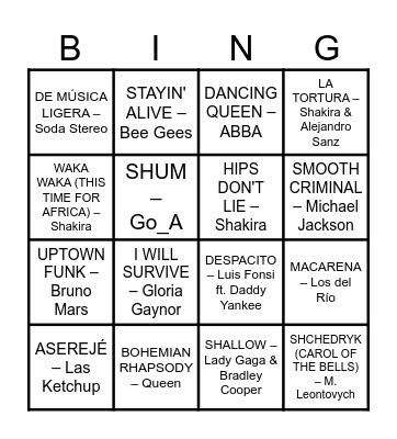 Music bingo 1st option Bingo Card