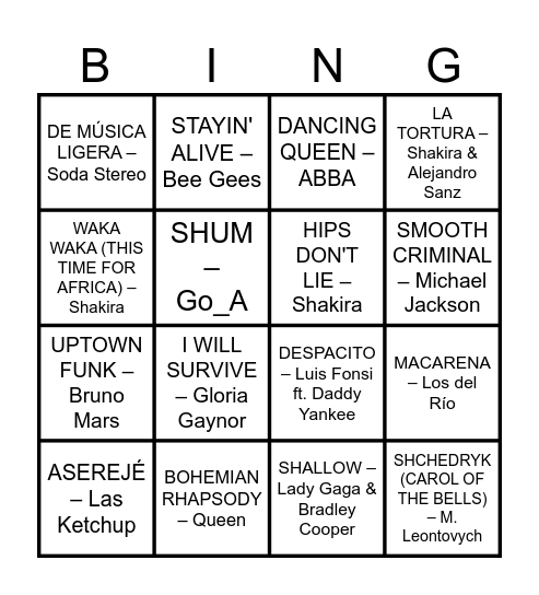 Music bingo 1st option Bingo Card