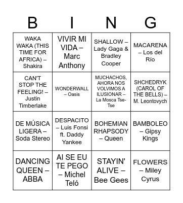Music Bingo 2nd option Bingo Card