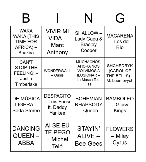 Music Bingo 2nd option Bingo Card
