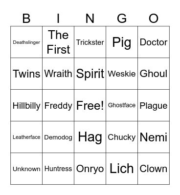 DBD Killer Bingo Card