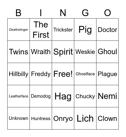 DBD Killer Bingo Card