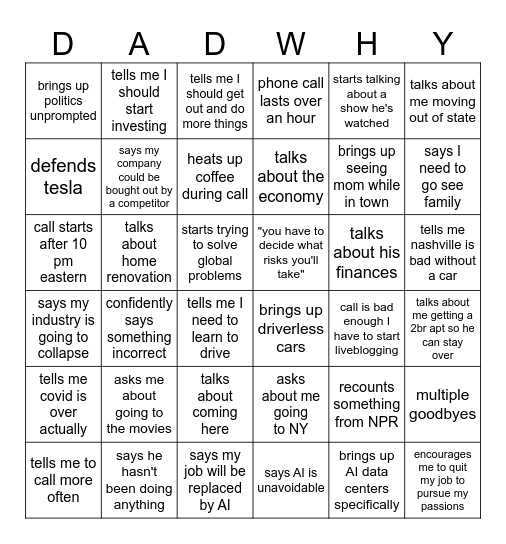 dad phone call bingo Card
