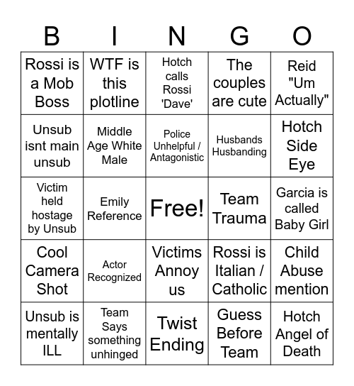 Criminal Minds Bingo Card
