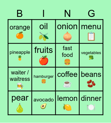 Vovabulario Bingo Card