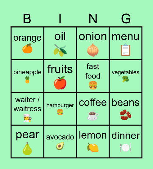 Vovabulario Bingo Card