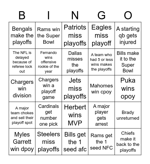 NFL 2026-26 season Bingo Card