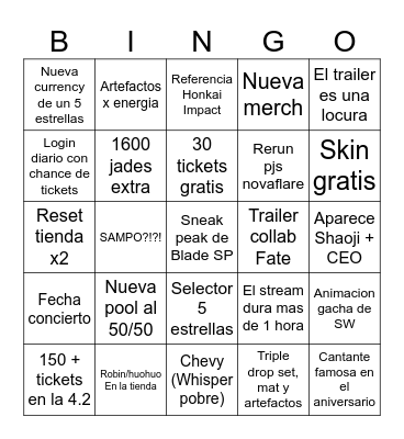 Bingo HSR 4.2 Bingo Card