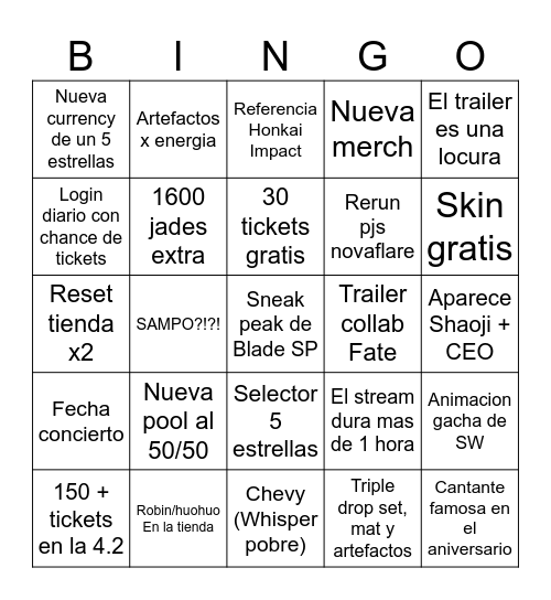 Bingo HSR 4.2 Bingo Card
