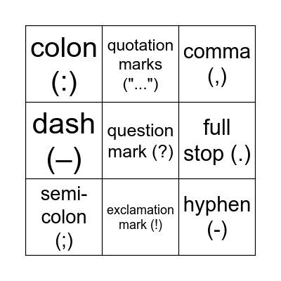 Punctuation Bingo Card