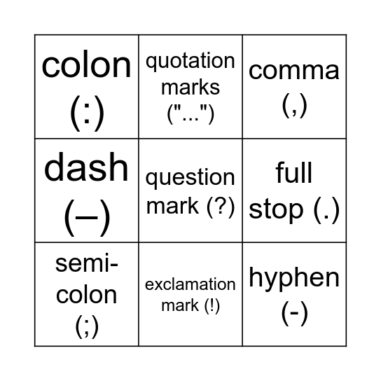 Punctuation Bingo Card