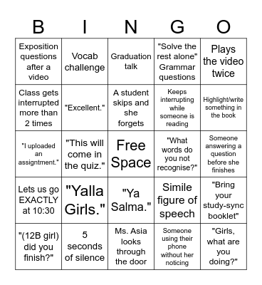 English Class Bingo Card