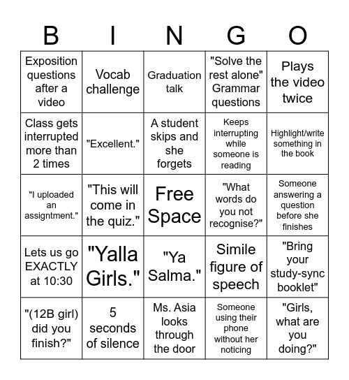English Class Bingo Card