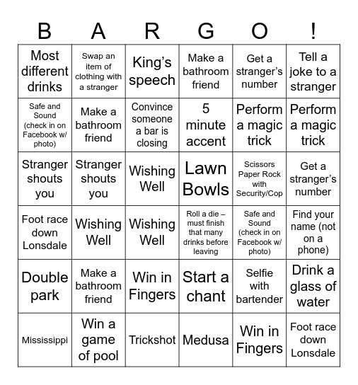Micro's Pub Bingo Crawl :) Bingo Card