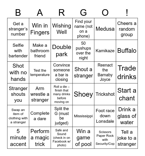 Micros Pub Crawl Bingo Card