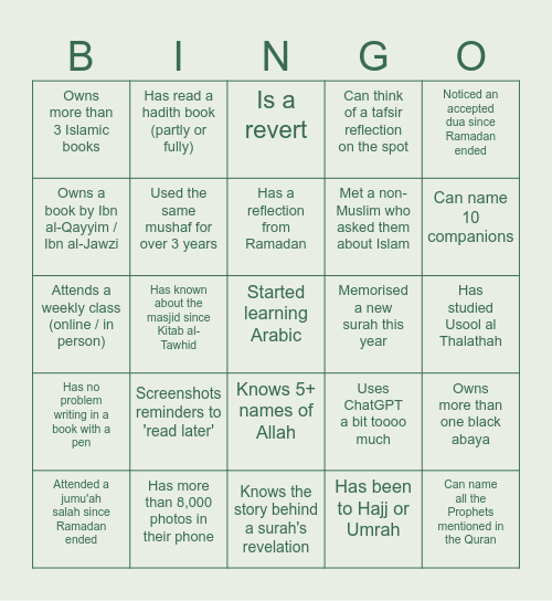 Daar Al Hadeeth Sisters Bingo Card
