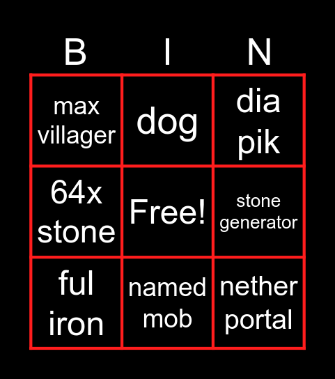 Minecraf bingo Card