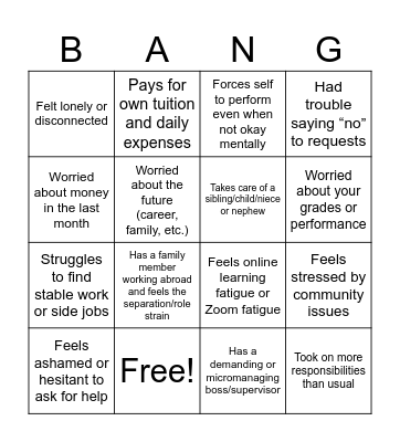 Stress Bang Bingo Card