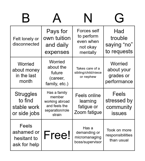 Stress Bang Bingo Card