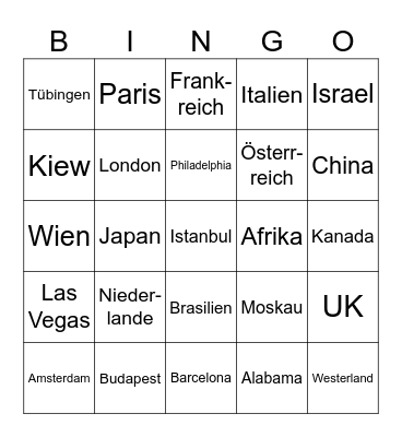 Städte oder Länder Bingo Card