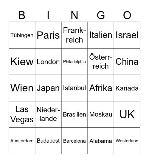 Städte oder Länder Bingo Card