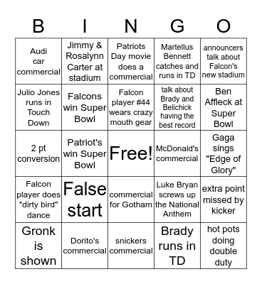 Falcons/Patriots Super Bowl 2017 Bingo Card