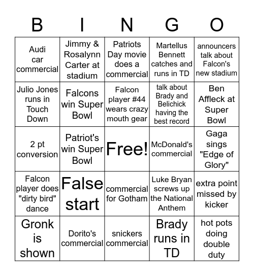 Falcons/Patriots Super Bowl 2017 Bingo Card